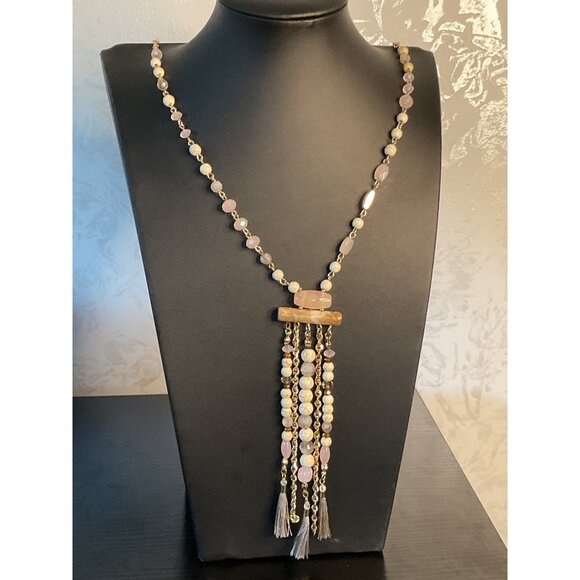 Chico's Long Chic Gold & Stone Beaded Necklace With Tassels - Picture 1 of 4